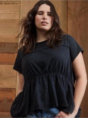 Festi Smocked Tee Washed Black Short Sleeve Peplum Top - Women